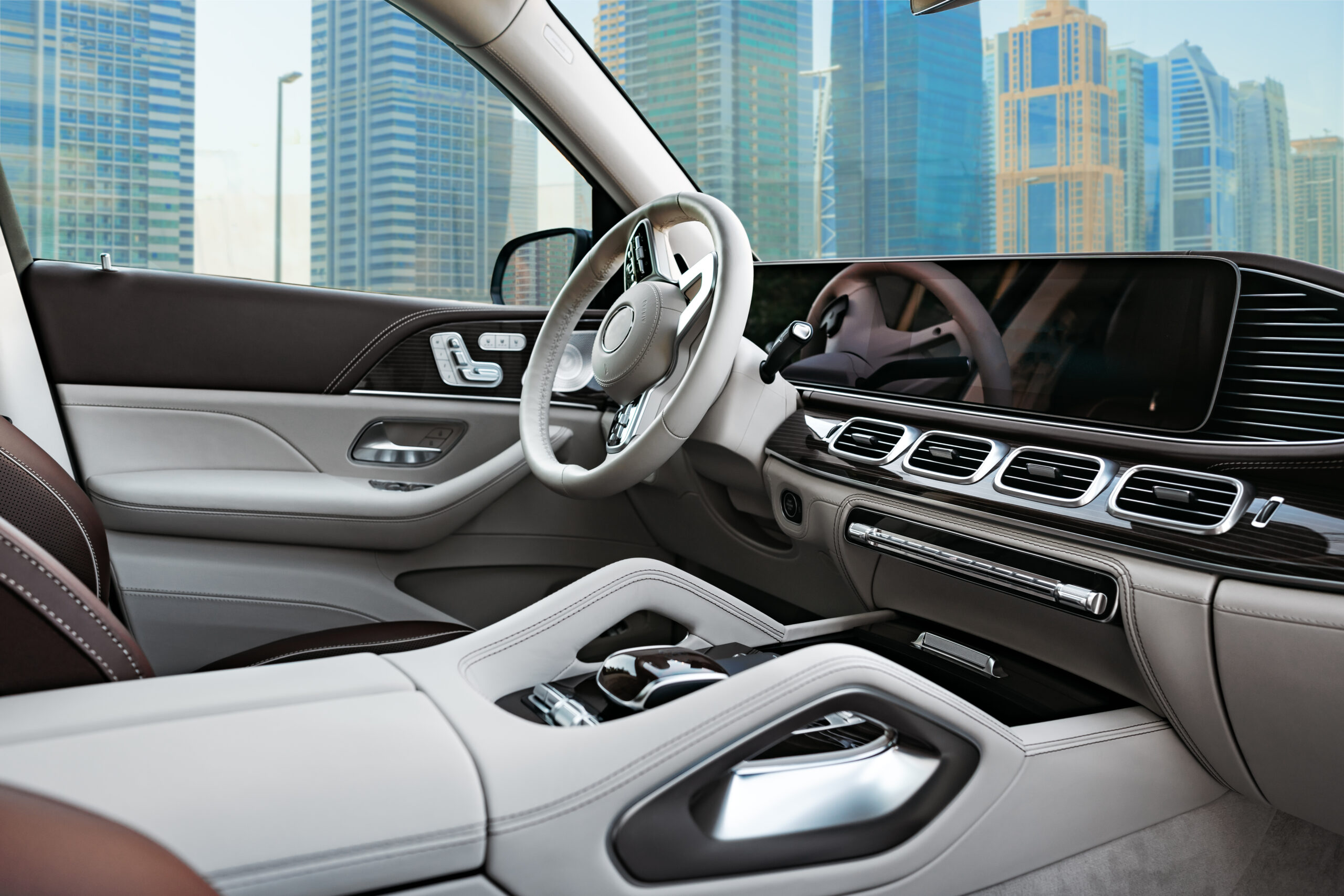 Interior details of prestige modern car with leather seats